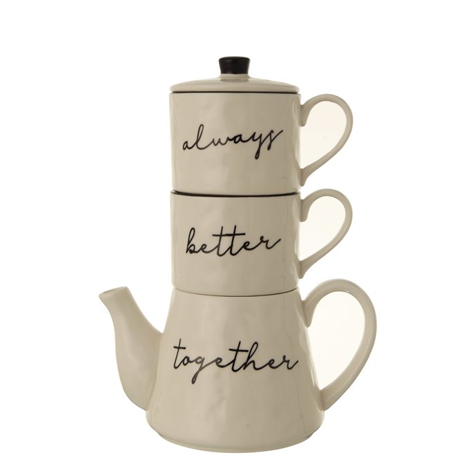 White & Black "Always Better Together" Stoneware Stacking Teapot & Mugs with Lid (Set of 3 Pieces) Thumbnail
