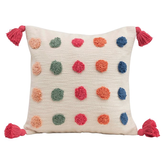 Square Polka Dot Cotton Pillow with Corner Tassels Thumbnail