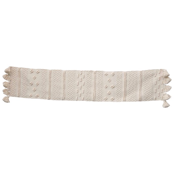 72" Woven Cotton Textured Table Runner with Pom Poms & Tassels Thumbnail