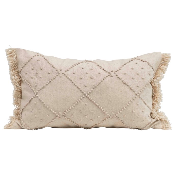 Rectangle Cotton & Linen Lumbar Pillow with Diamond Design & Fringed Ends Thumbnail
