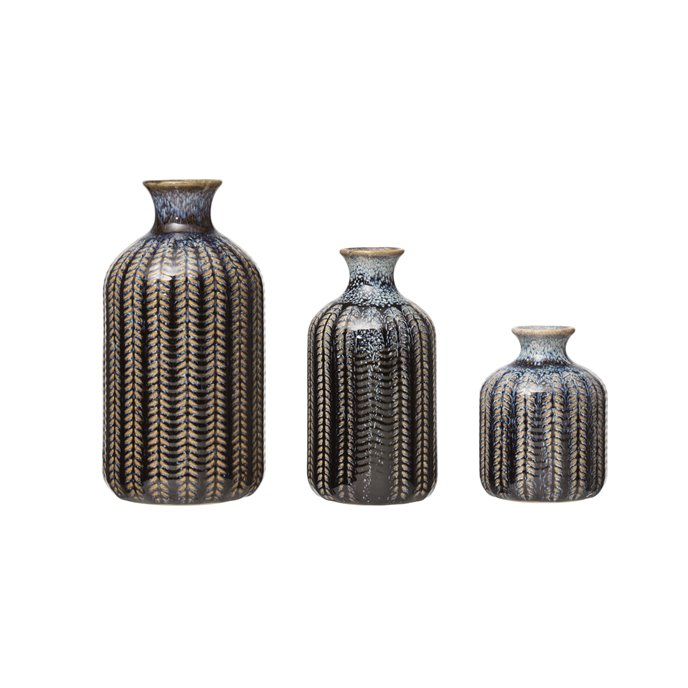 Embossed Stoneware Vase with Reactive Glaze Finish (Set of 3 Sizes) Thumbnail