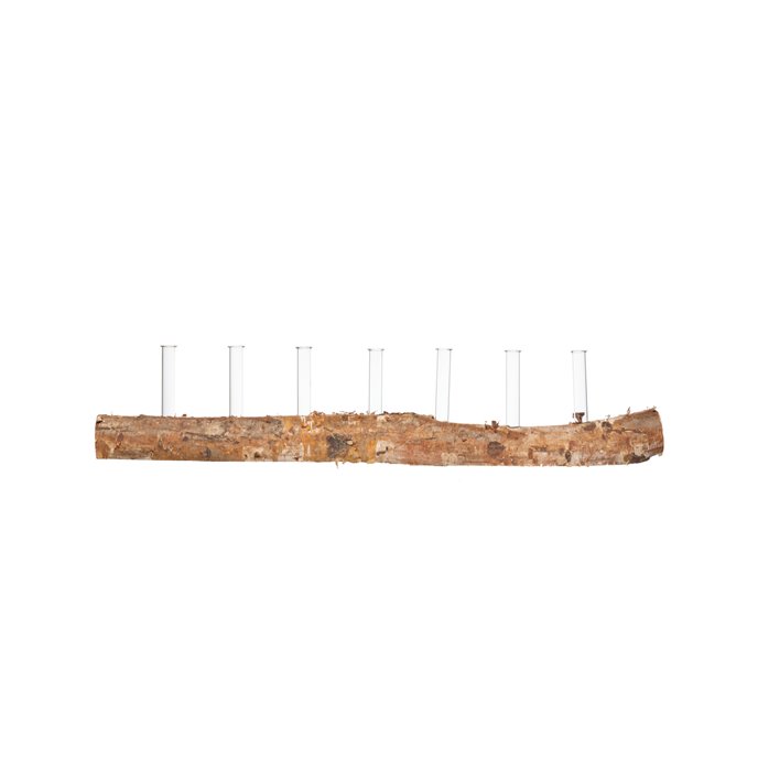 7 Glass Tube Vases on Birch Wood Log Base (Set of 8 Pieces/Each one will vary) Thumbnail