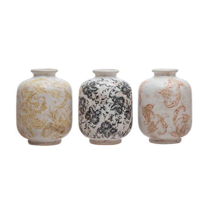 Terra-cotta Vase w/ Transferware Pattern, Multi Color, 3 Styles Thumbnail