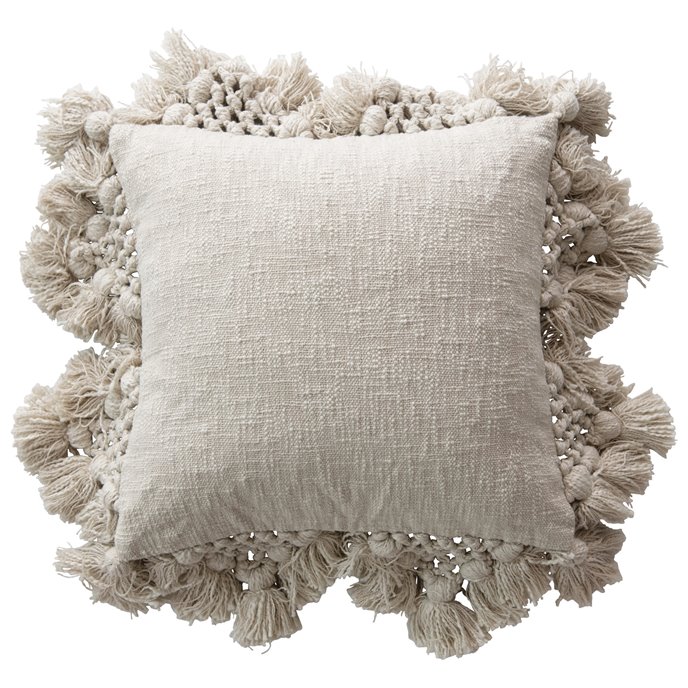 Square Crochet & Tassels Grey Cotton Slub Pillow Thumbnail