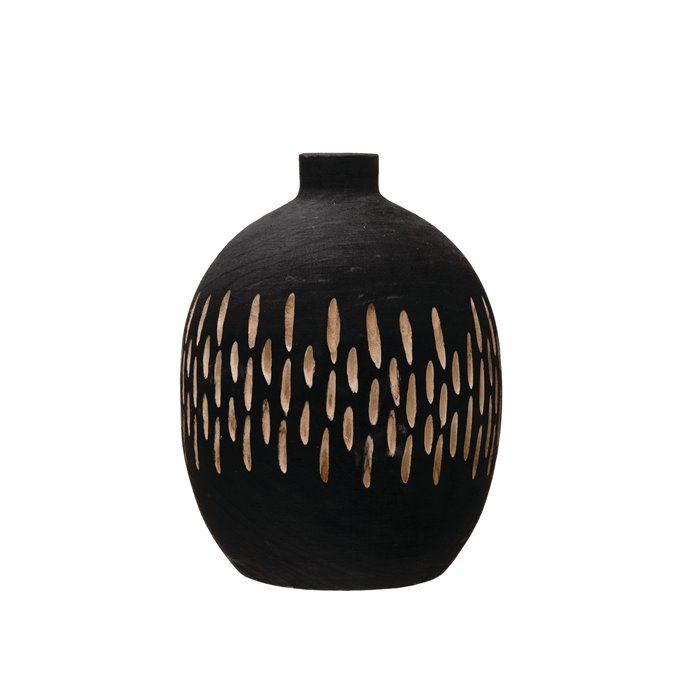 Paulownia Wood Charred Black Carved Design Vase Thumbnail