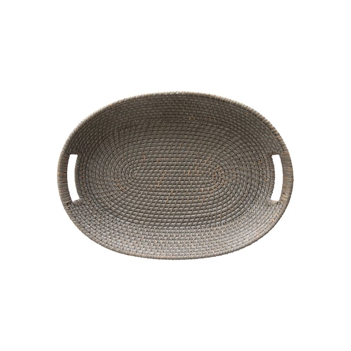 Decorative Hand-Woven Rattan and Palm Gray Wash Tray with Handles Thumbnail