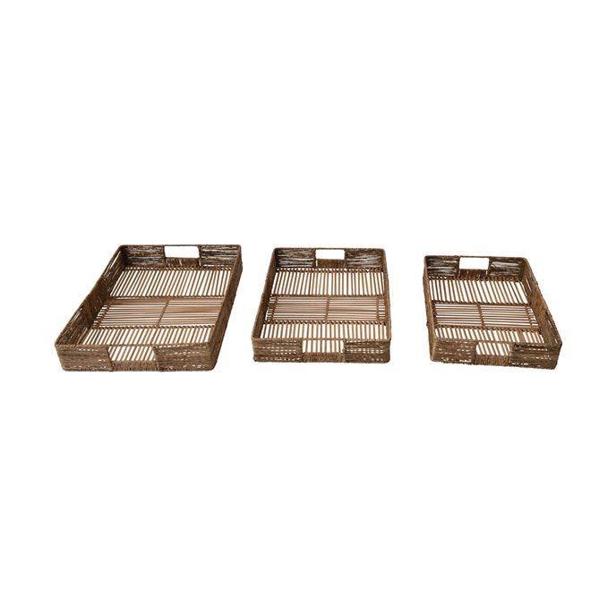Hand-Woven Decorative Bamboo and Jute Trays with Handles, Set of 3 Thumbnail