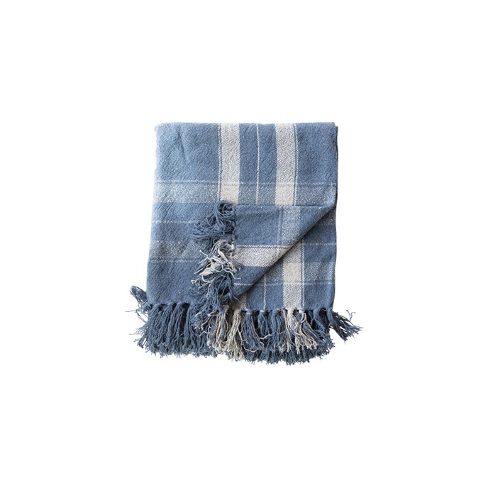 Plaid Blue Woven with Fringe Recycled Cotton Blend Throw Thumbnail