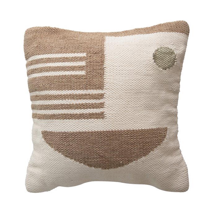 Square Cream & Tan w/ Gold Geometric Pattern Woven Cotton & Wool Pillow Thumbnail