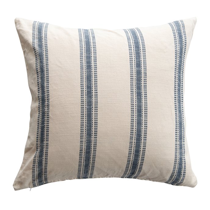 Square Striped White & Blue Woven Cotton Pillow Thumbnail