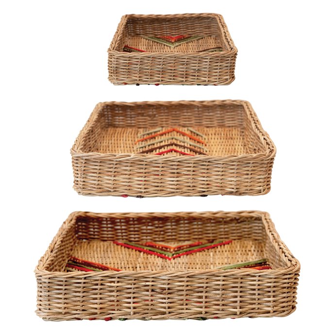 Decorative Hand-Woven Rattan Trays with Stitching, Multi Color, Set of 3 Thumbnail