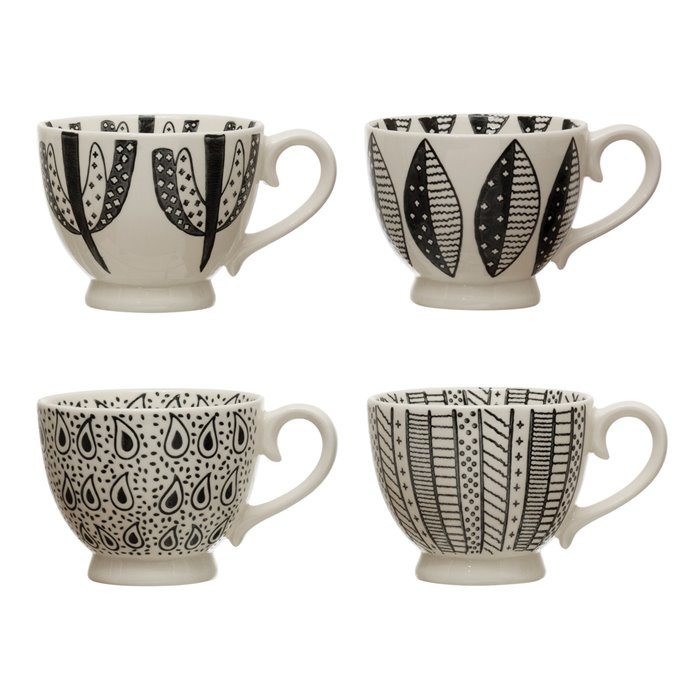16 oz. Stoneware Mug w/ Pattern, Black & White, 4 Styles Thumbnail