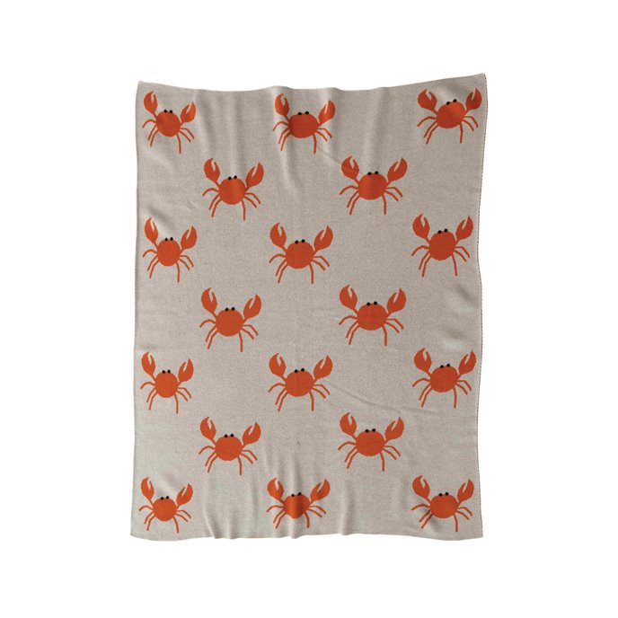 Cotton Knit Baby Blanket with Crabs, Cream Color & Orange Thumbnail
