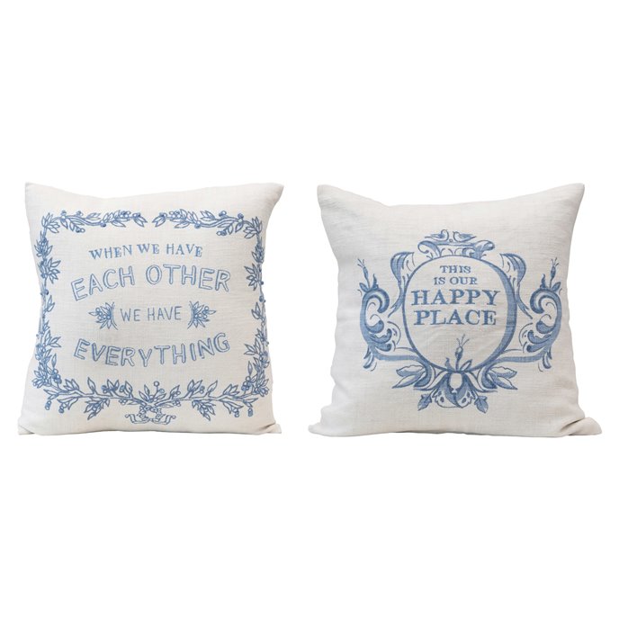 18" Square Linen Blend Embroidered Pillow w/ Saying, Cream Color & Blue, 2 Styles © Thumbnail