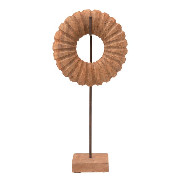 Hand-Carved Mango Wood Circle Object on Metal & Wood Stand, Set of 2 Thumbnail