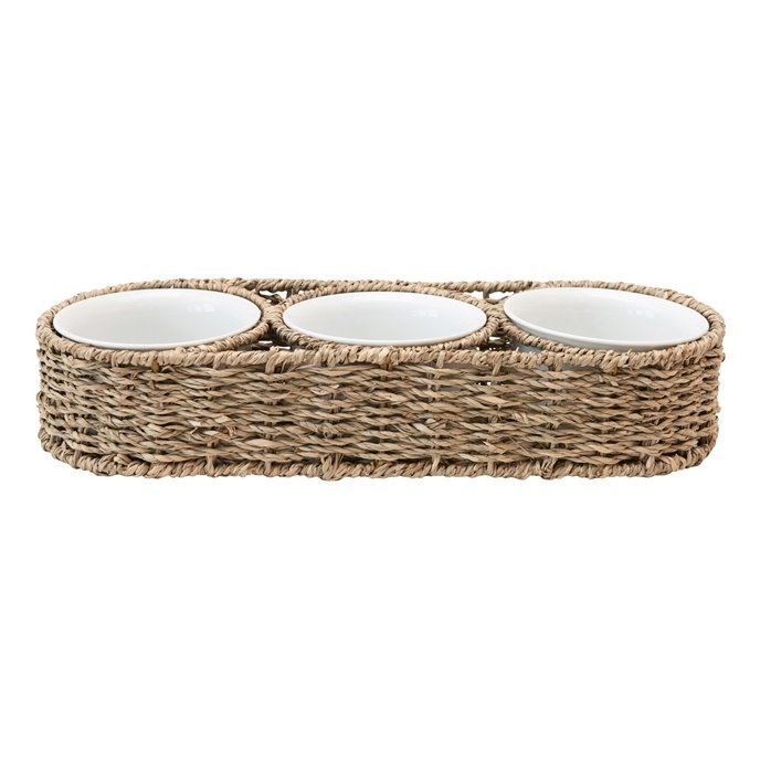 Hand-Woven Seagrass Basket with 6 oz. Ceramic Bowls, Set of 4 Thumbnail