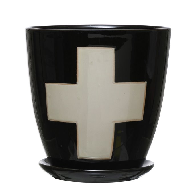 Stoneware Planter with Saucer & Wax Relief White Swiss Cross, Black, Set of 2 (Holds 4" Pot) (Each One Will Vary) Thumbnail