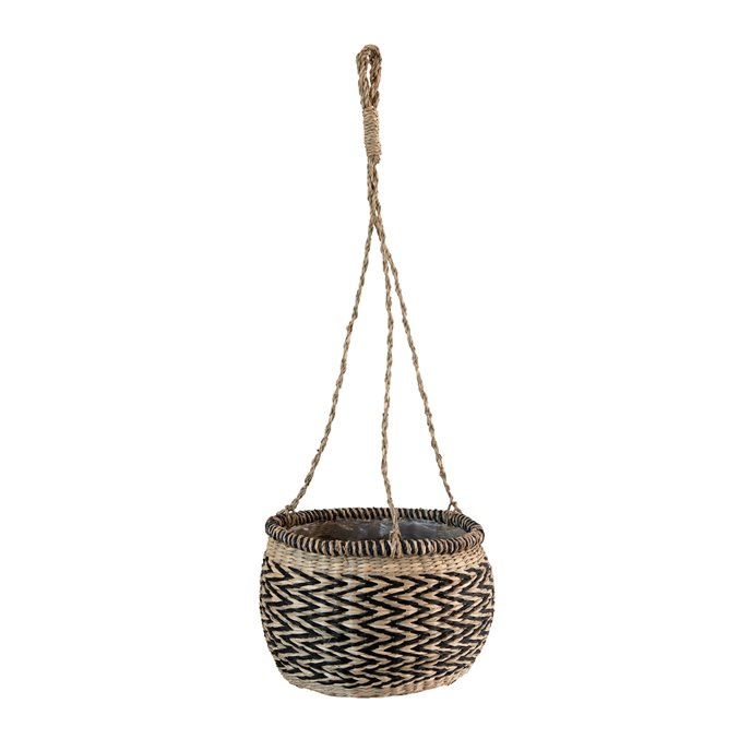 Hand-Woven Hanging Seagrass Basket Planter with Plastic Lining, Natural & Black (Holds 7" Pot) Thumbnail