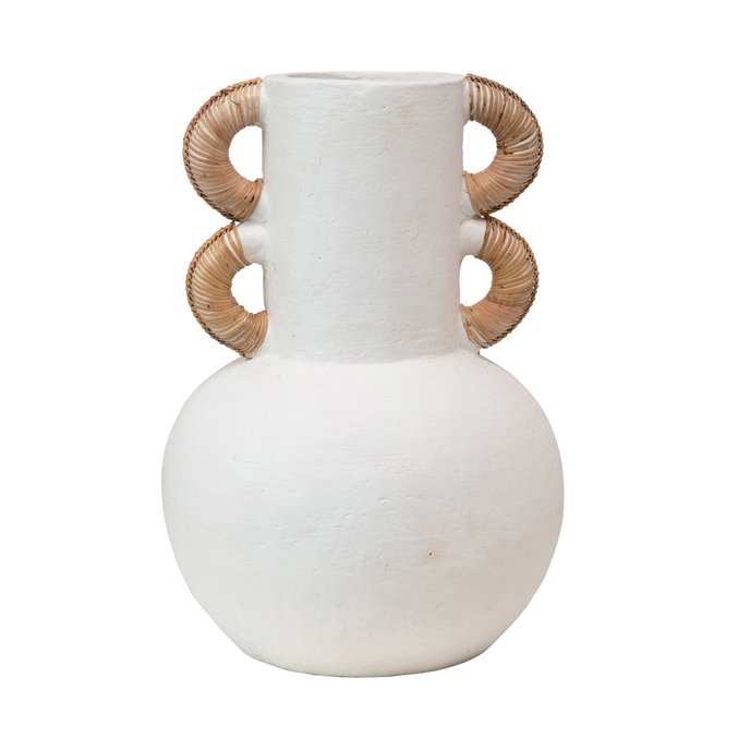 Terra-cotta Vase with Rattan Wrapped Handles, Cream Color, Truck Ship Thumbnail
