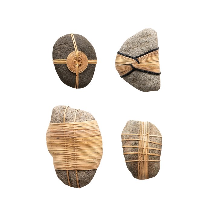 Decorative River Stone w/ Hand-Woven Rattan Accent, 4 Styles (Each One Will Vary) Thumbnail