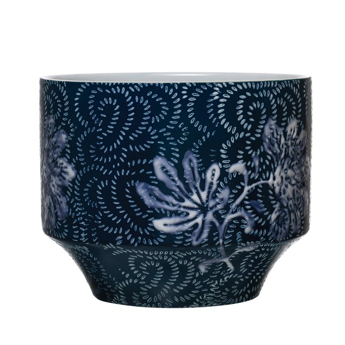 Stoneware Planter with Floral Pattern, Blue & White (Holds 4" Pot) Thumbnail