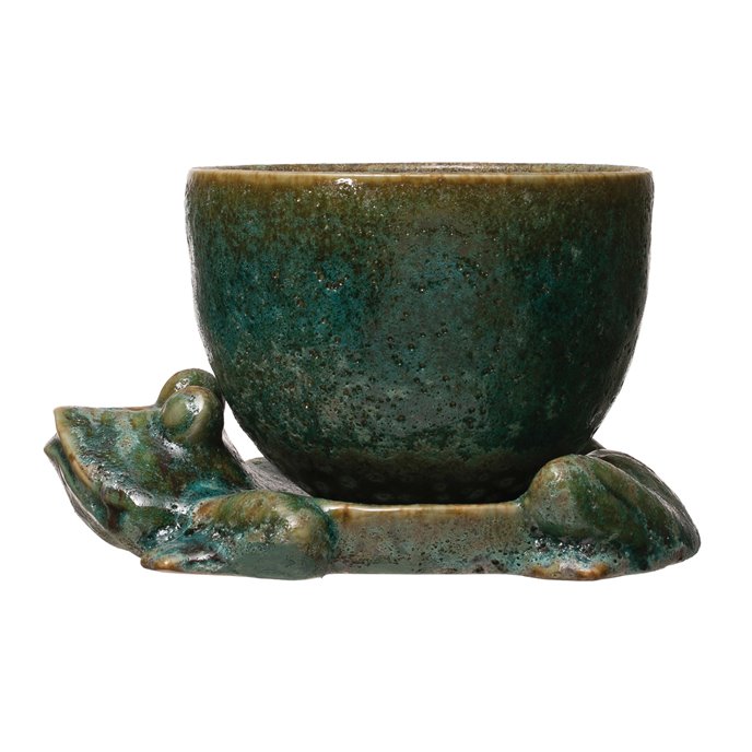 Stoneware Planter with Frog Base, Reactive Glaze, Green, Set of 2 (Each One Will Vary) (Holds 5" Pot) Thumbnail