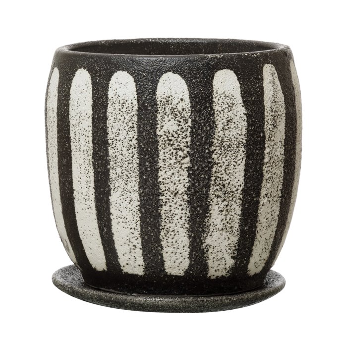 Hand-Painted Terra-cotta Planter with Saucer, Black & White, Set of 2 (Holds 6" Pot) Thumbnail