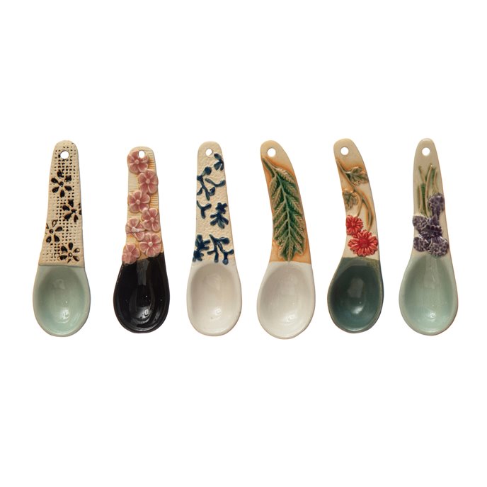 4-1/4"L Hand-Painted Stoneware Spoon w/ Floral Design Handle, 6 Styles (Each One Will Vary) Thumbnail