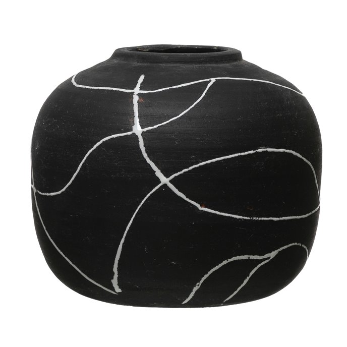 Hand-Painted Terra-cotta Vase, Black & White Thumbnail
