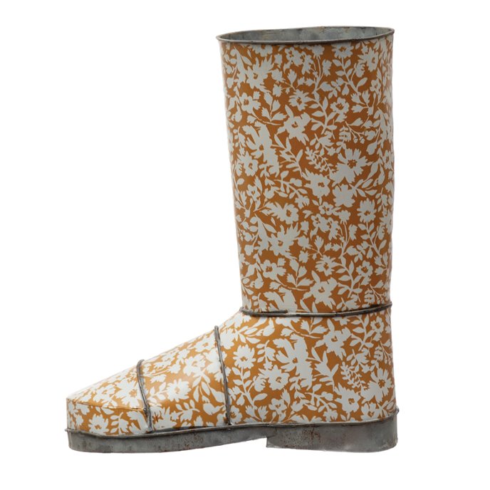Decorative Metal Garden Boot with Floral Pattern, Mustard Color & White © Thumbnail