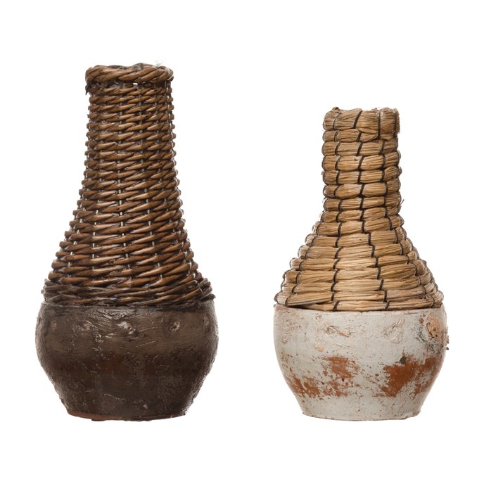 Hand-Woven Rattan & Clay Vase, Distressed Finish, 2 Colors (Each One Will Vary) Thumbnail