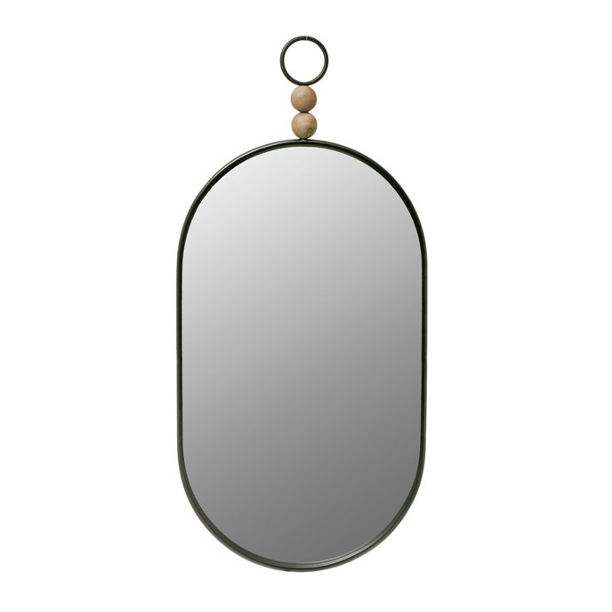 Oval Metal Framed Wall Mirror with Wood Beads, Black Thumbnail