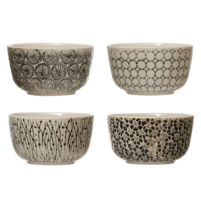 Hand-Stamped Stoneware Bowl w/ Embossed Pattern, Black & Cream Color, 4 Styles Thumbnail