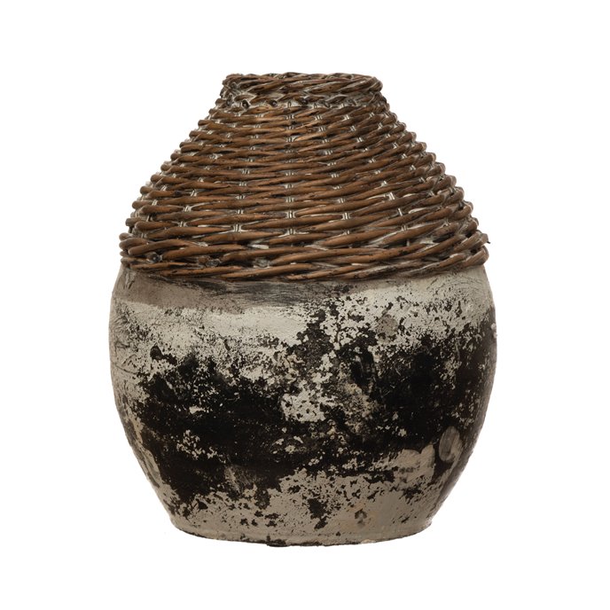 Hand-Woven Rattan & Clay Vase, Distressed White (Each One Will Vary) Thumbnail