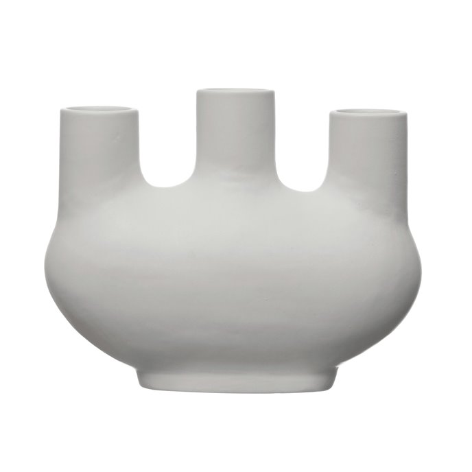 Stoneware Vase with 3 Openings, Matte White Thumbnail
