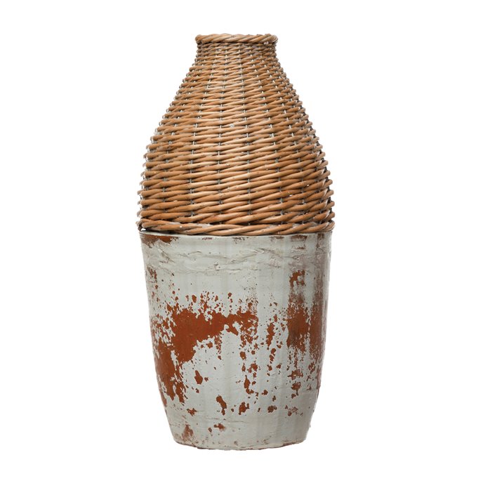 Hand-Woven Rattan & Clay Vase, Distressed White (Each One Will Vary) Thumbnail