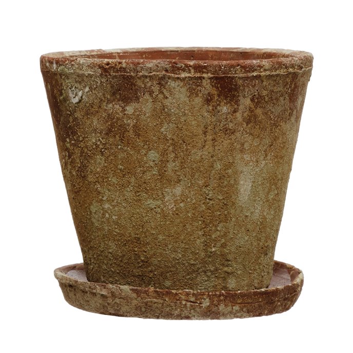 Cement Planter with Saucer, Distressed Terra-cotta Finish, Set of 2 (Holds 8" Pot) Thumbnail