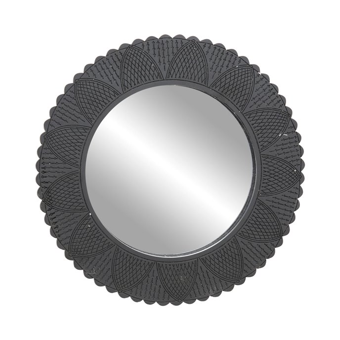 Hand-Carved Resin & MDF Wall Mirror with Cut-Outs & Scalloped Edge, Black (Holds 7" Round Photo) Thumbnail