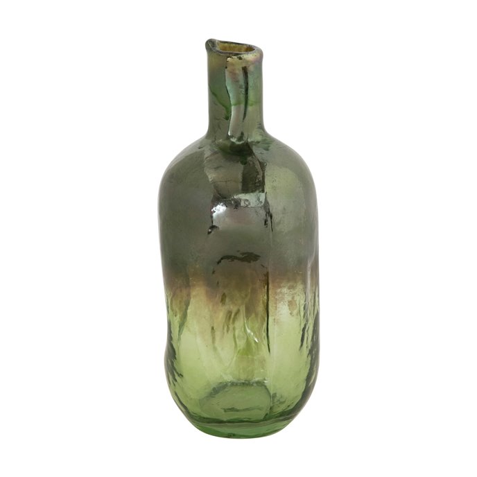 Hand-Blown Recycled Glass Organic Shaped Bottle Vase, Green Iridescent Opal Finish (Each One Will Vary) Thumbnail