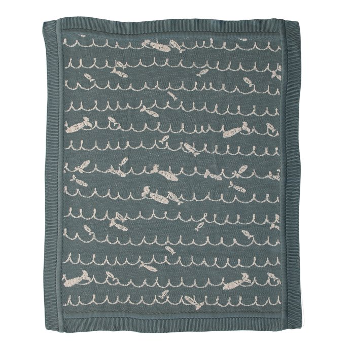 Cotton Knit Baby Blanket with Fish, Blue Thumbnail