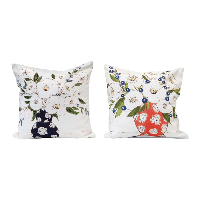 18" Square Cotton Pillow w/ Florals & Patterned Back, Multi Color, 2 Styles © Thumbnail