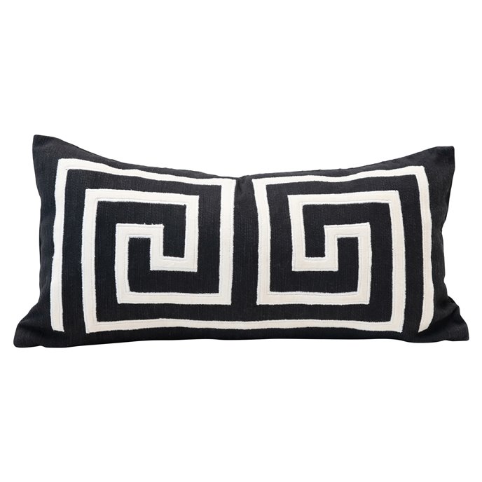 Woven Cotton Lumbar Pillow with Appliqued Design, Black & White Thumbnail