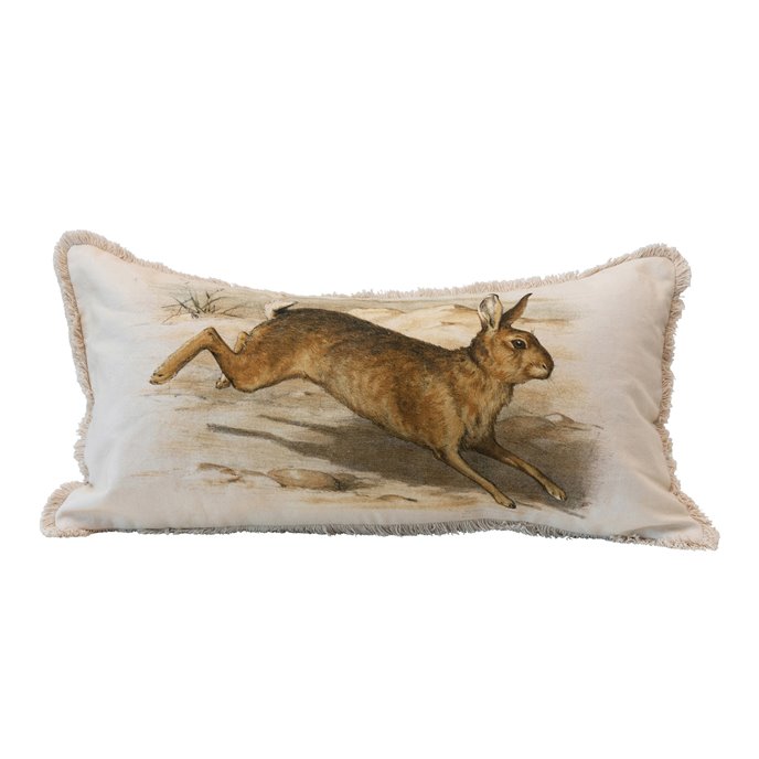 Cotton Lumbar Pillow with Vintage Reproduction Rabbit & Fringe Thumbnail