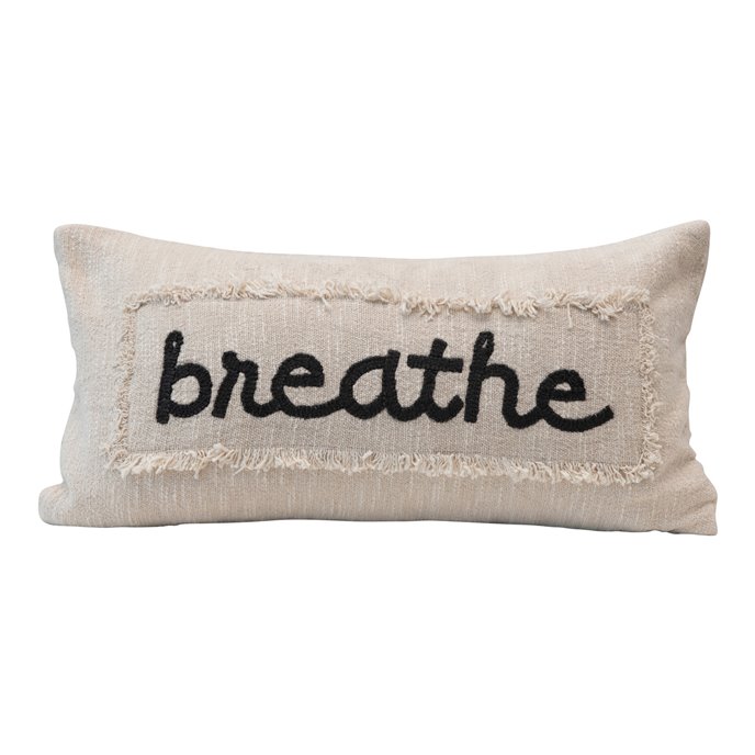 Embroidered Cotton Pillow "Breathe" with Eyelash Fringe, Cream & Charcoal Color Thumbnail