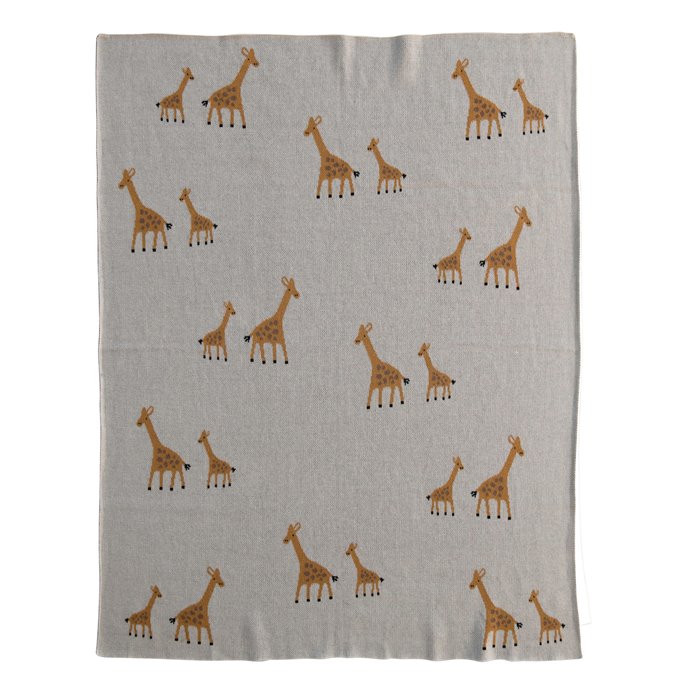 Cotton Knit Baby Blanket with Giraffes, Cream Color Thumbnail