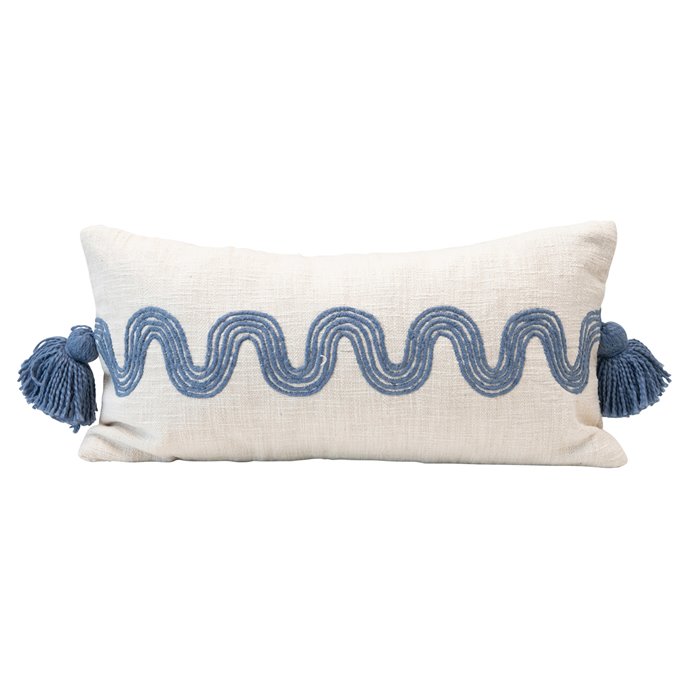 Cotton Lumbar Pillow with Embroidered Curved Pattern & Tassels, Cream Color & Blue Thumbnail