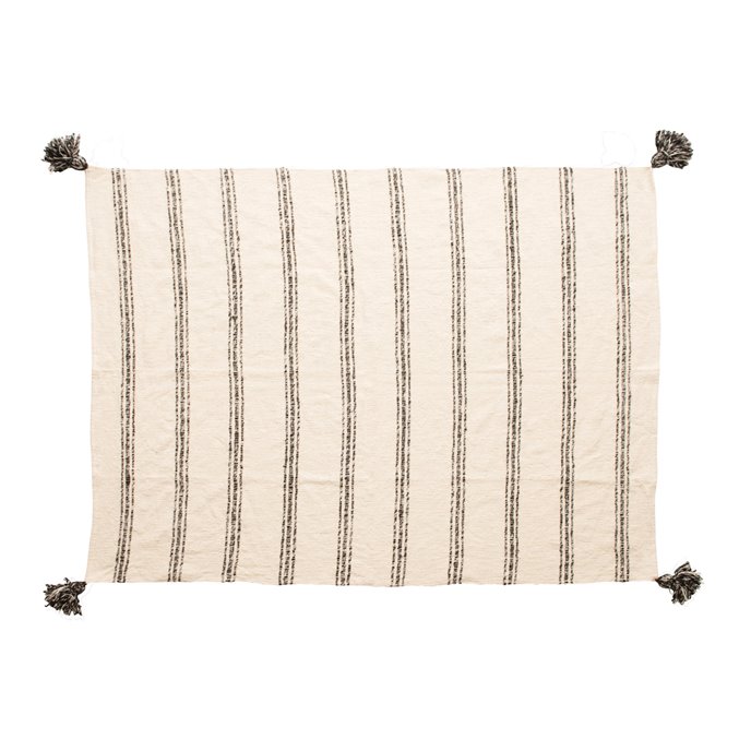 Woven Cotton Blend Throw with Stripes & Tassels, Black & Cream Color Thumbnail