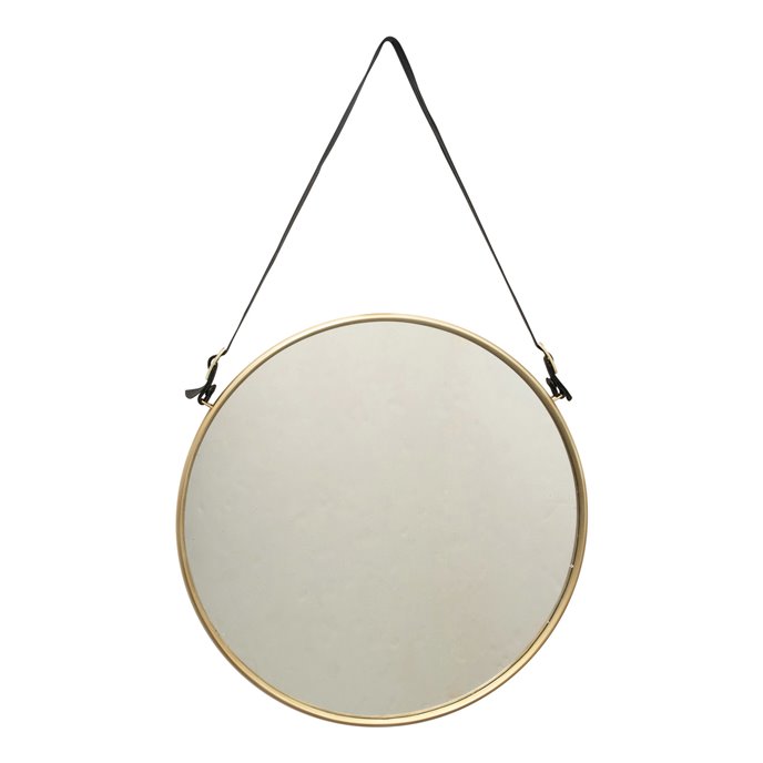 Round Metal & MDF Hanging Wall Mirror with Buckle Strap, Brushed Brass Finish Thumbnail