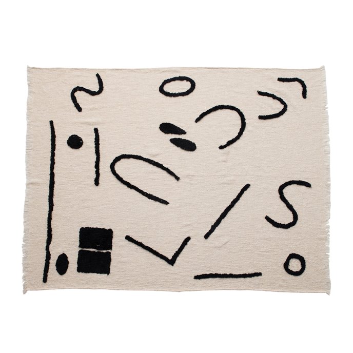 Cotton Blend Throw with Abstract Print & Frayed Edges, Cream Color & Black Thumbnail