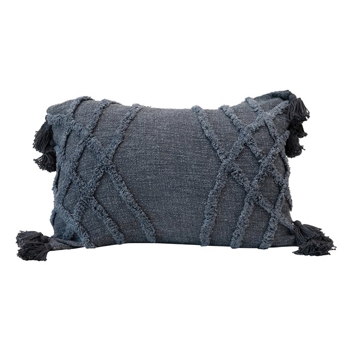 Stonewashed Cotton Blend Slub Pillow with Tufted Chevron Pattern & Tassels, Blue Thumbnail